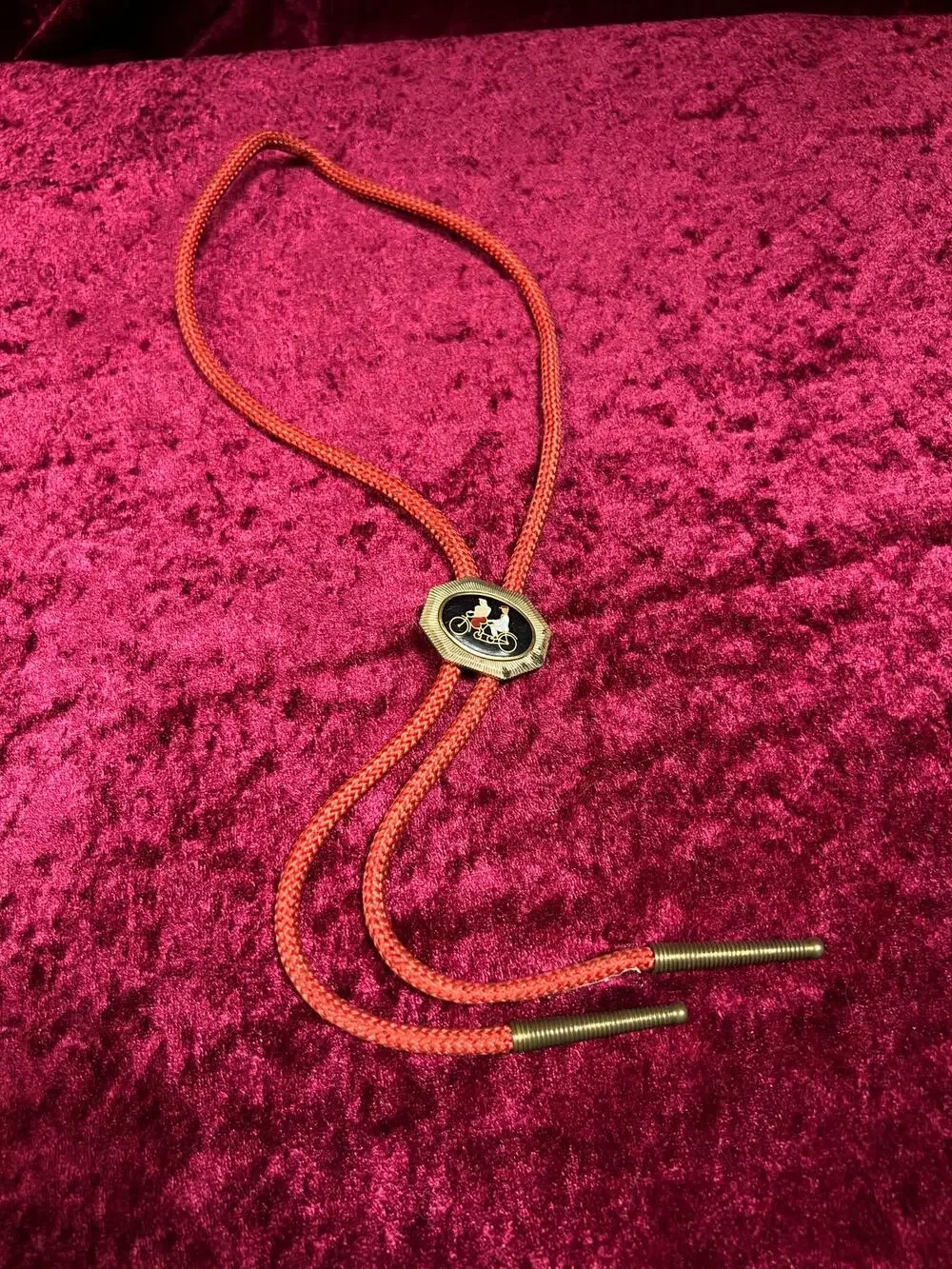 Vintage Metal Bolo Tie - Tandem Bicycle Couple Black Enamel Slide Red Cord